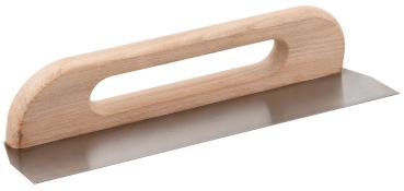 Flächenkelle, Traufel glatt 500mm mit leicht geneigtem Holzgriff für eine günstige Arbeitsstellung. Blatt aus hochwertigem, gehärtetem und polierten Stahl.