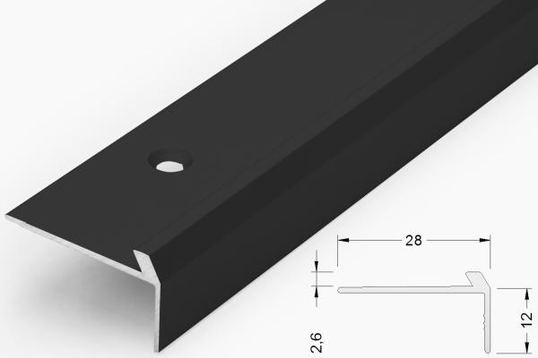 Treppenkantenprofil für Linoleum, PVC und Korkbeläge bis 2,6mm Höhe. Mit filigranem Abschluss der Kante.