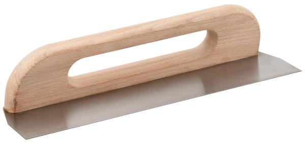 Flächenkelle, Traufel glatt 500mm mit leicht geneigtem Holzgriff für eine günstige Arbeitsstellung. Blatt aus hochwertigem, gehärtetem und polierten Stahl.