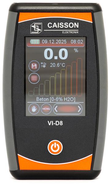 Das Caisson Feuchtigkeitsmessgerät VI-D8 ist ein Messgerät für die zerstörungsfreie Bestimmung der Feuchtigkeit auf mineralischen Untergründen wie Beton und Estrich sowie zur Messung der Oberflächentemperatur