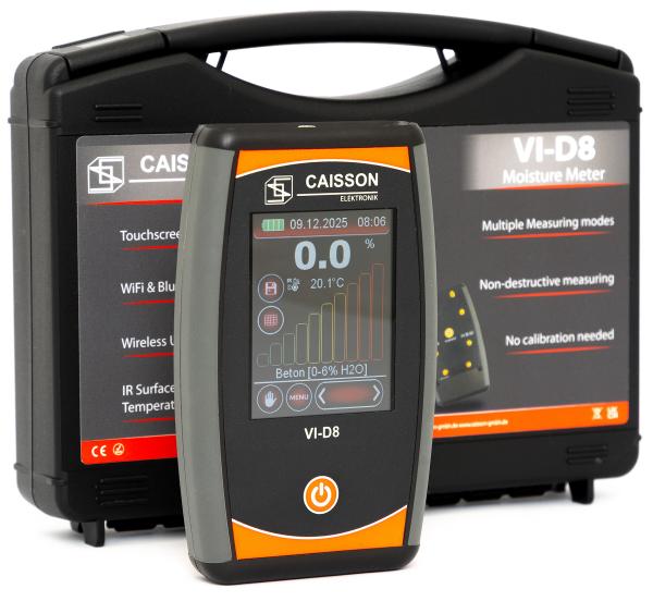 Das Caisson Feuchtigkeitsmessgerät VI-D8 ist ein Messgerät für die zerstörungsfreie Bestimmung der Feuchtigkeit auf mineralischen Untergründen wie Beton und Estrich sowie zur Messung der Oberflächentemperatur