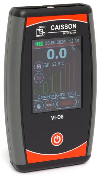 The Caisson VI-D8 moisture meter is a device for the non-destructive determination of moisture on mineral substrates such as concrete and screed, as well as for measuring surface temperature.